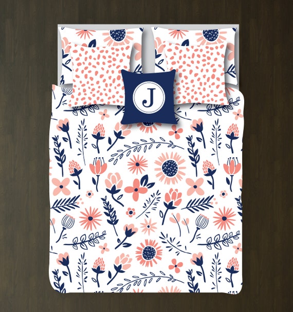 Floral Bedding Set-Duvet Cover-Shams-White-Coral-Navy