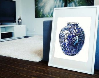 Ginger Jar Print, Blue White Chinese Pottery Wall Art, Chinoiserie Decor Print, Palm Beach Chic, Blue White Vase, Chinese Vase Print