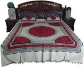 Cotton Indian Bedspread Queen Size Bed Cover Red White Print -3 pc set