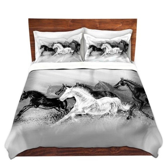 Items similar to Black & White Wild Horses / Modern White Duvet Cover
