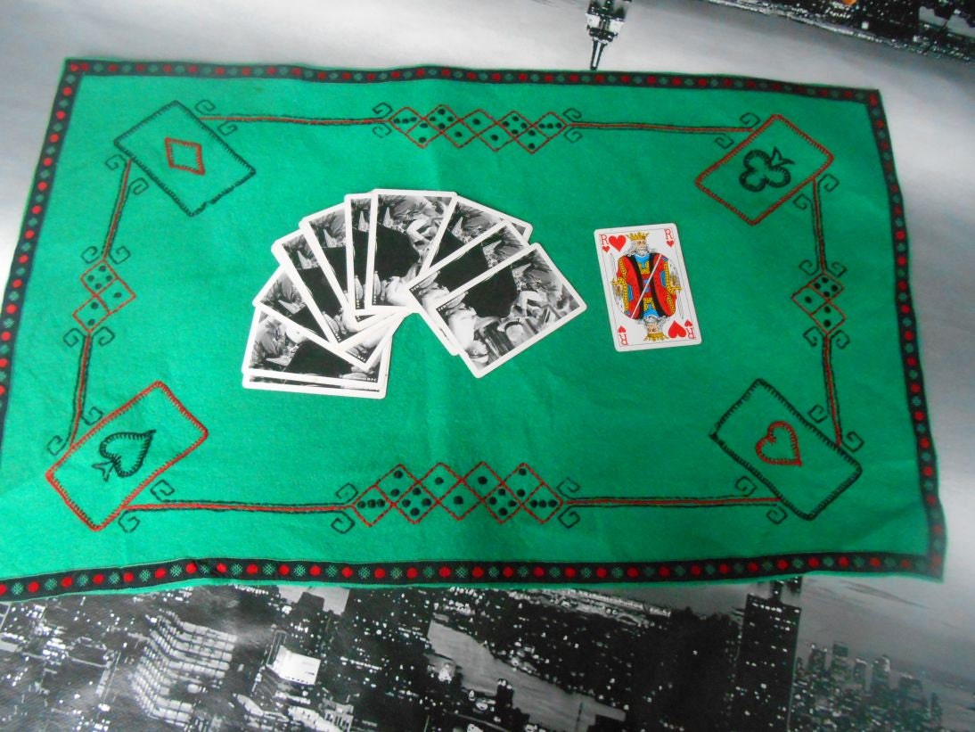 Green Felt Card Table Cover Hand Embroidered Handmade Vintage