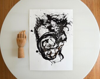 A2 Original Abstract Ink Art Drawing - Movement, wind, art, hearth,black and white abstract art drawing,art by Cristina Ripper