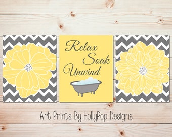 Yellow gray bathroom wall decor Bathroom art prints Yellow wall art Relax soak unwind Modern floral bath decor Dahlia prints bathroom #1063