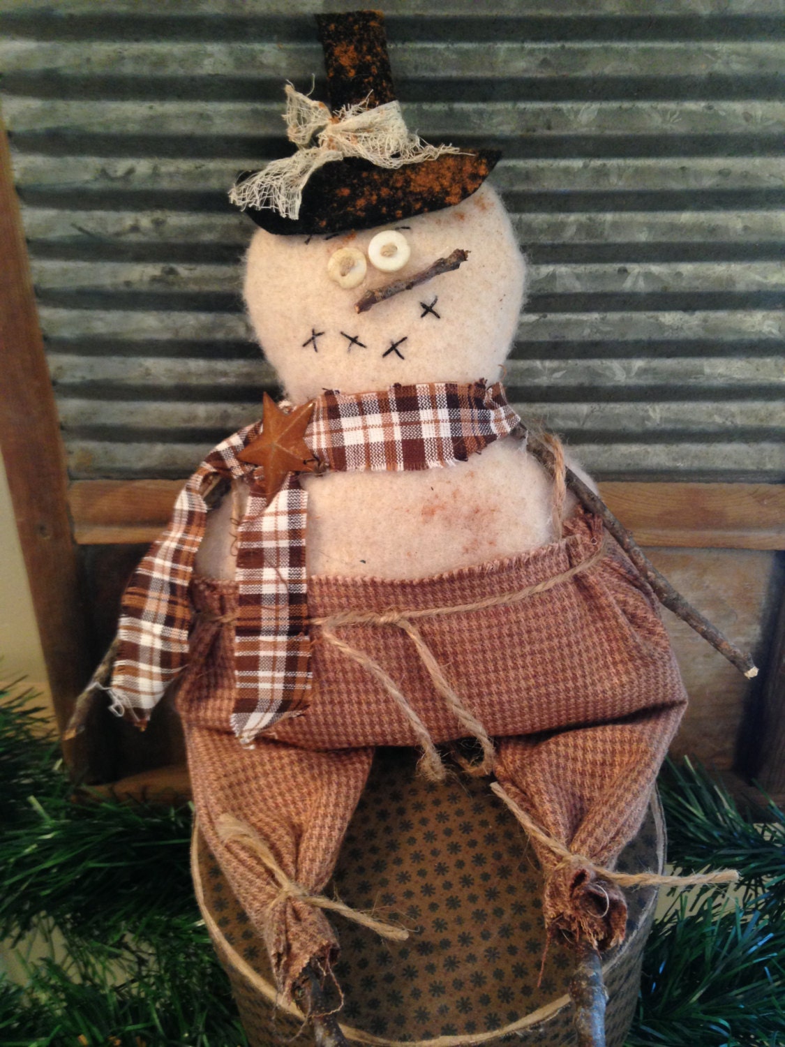 Primitive Chubby Winter Snowman with Overalls, Doll or Wall/Door Hanger