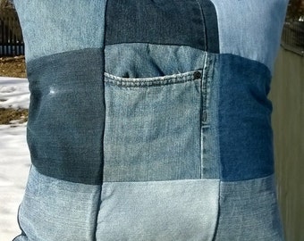 Denim Patchwork Throw Pillow - 18 Inch Fully Lined Throw Pillow Cover with Zip Closure - Upcycled Jean Home Decor - Washable Pillow Cover