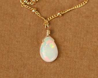Opal necklace - fire opal necklace - opal - october birthstone - a genuine opal teardrop wire wrapped onto 14k gold vermeil chain