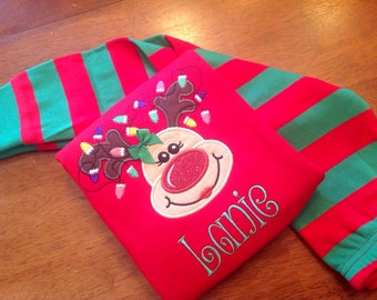 Christmas pajamas with girly Reindeer - Sibling Christmas pajamas - Girls Christmas pajamas - Personalized Christmas pajamas
