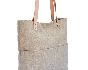 Items similar to Linen Tote Bag, Taupe, with Nude/Natural Leather ...