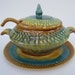 Mid Century Marcia Pottery of California Soup Tureen with Cover, Ladle & Under Plate in a Jade and Gold Blend
