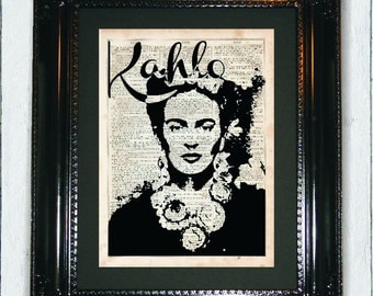 Kahlo, Dictionary Art Print, Frida Kahlo Art, Silhouette, dictionary page, Prints on dictionary paper, Mixed Media Art, Day of The dead