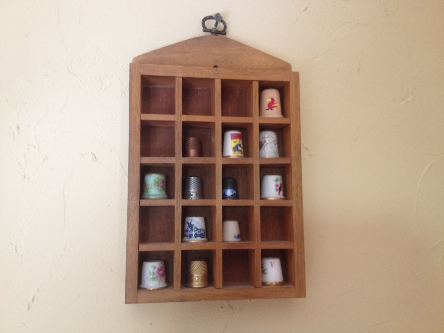 Vintage Wooden Thimble Display Shelf and 13 Vintage Thimbles