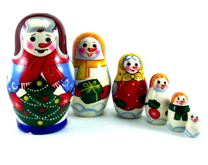 Nesting doll 6 psc Snowman. Russian matryoshka. The original birthday gift.