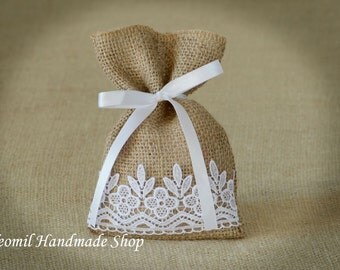 Wedding Burlap Favor Bags,Rustic Favor Bags with lace, SET OF 60
