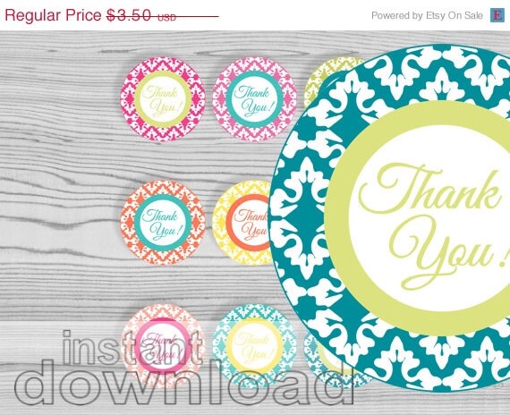 Spring SALE 50 % OFF thank you damask round tag, 2 1/2 in, printable, party circles, summer colors, instant download Il_570xn
