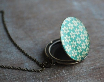Green flower print brass locket necklace / keepsake / tapestry floral / long chain 28""