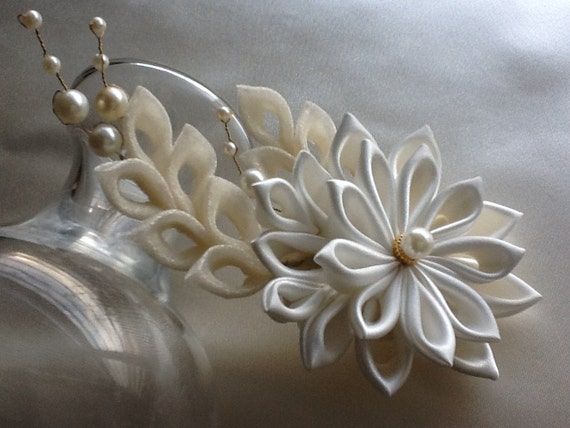 Hair Clip - Ivory Kanzashi Flower With Pearls Wedding Flowers Bridal Hair Flowers