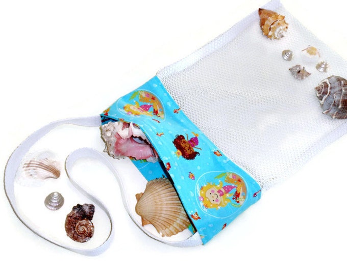 Mermaid Bag, Girls Beach Bag, Shell Collecting Tote, Mesh Sand Toy Bag, Cross Body Shoulder Bag, Pool or Bath Toy Bag, Gift For Girls