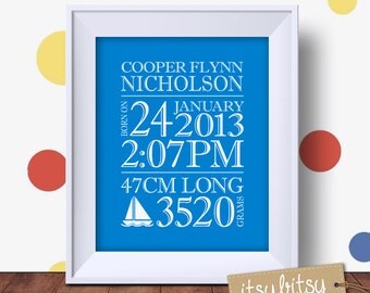 Personalised birth print, baby boy gift, birth announcement wall decor, baby birth details, nursery decor, baby birth stats, wall decor