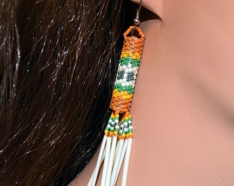 Peyote Stitch Beaded Earrings - Porcupine Quills - Golden Brown and Yellow, Green, White er34 by Southwest Dreaming