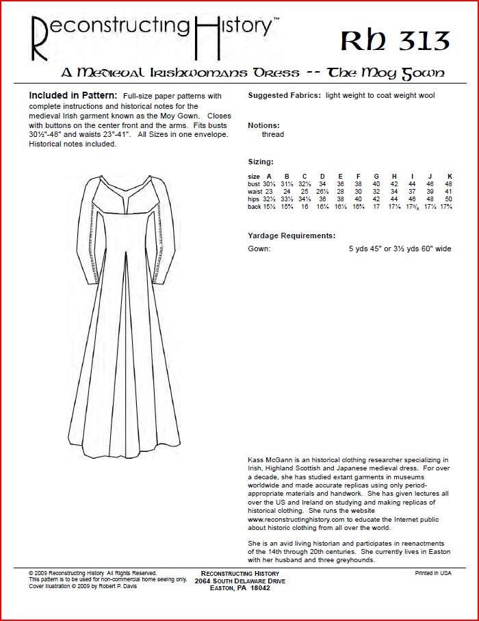 RC313 Medieval Irish Moy Gown Sewing Pattern by