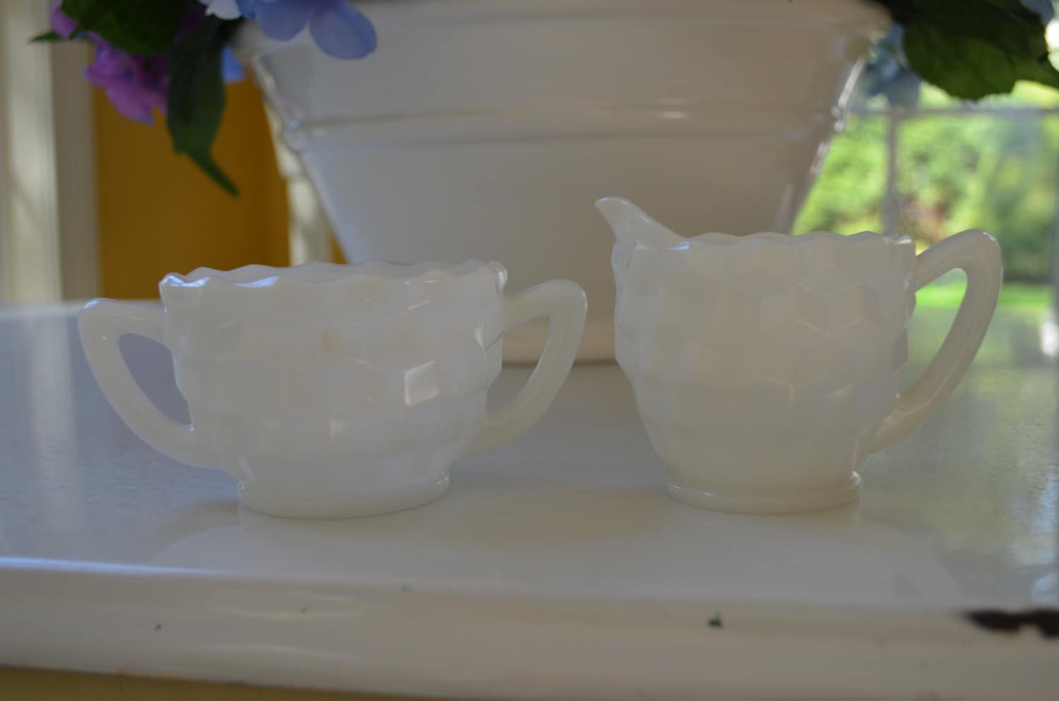 Vintage Fostoria American Sugar Bowl And Creamer Set White Milk Glass Haute Juice