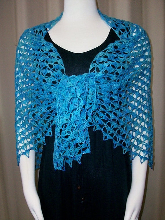 crochet lace shawl beaded in blue Blue Skies a light and