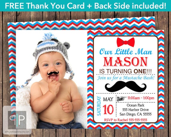 Bow Tie Mustache Birthday Invitation, Little Man, Mustache Bash, Hipster, Chevron, Free Thank You Card, Front and Back, Printable Invitation Il_570xn