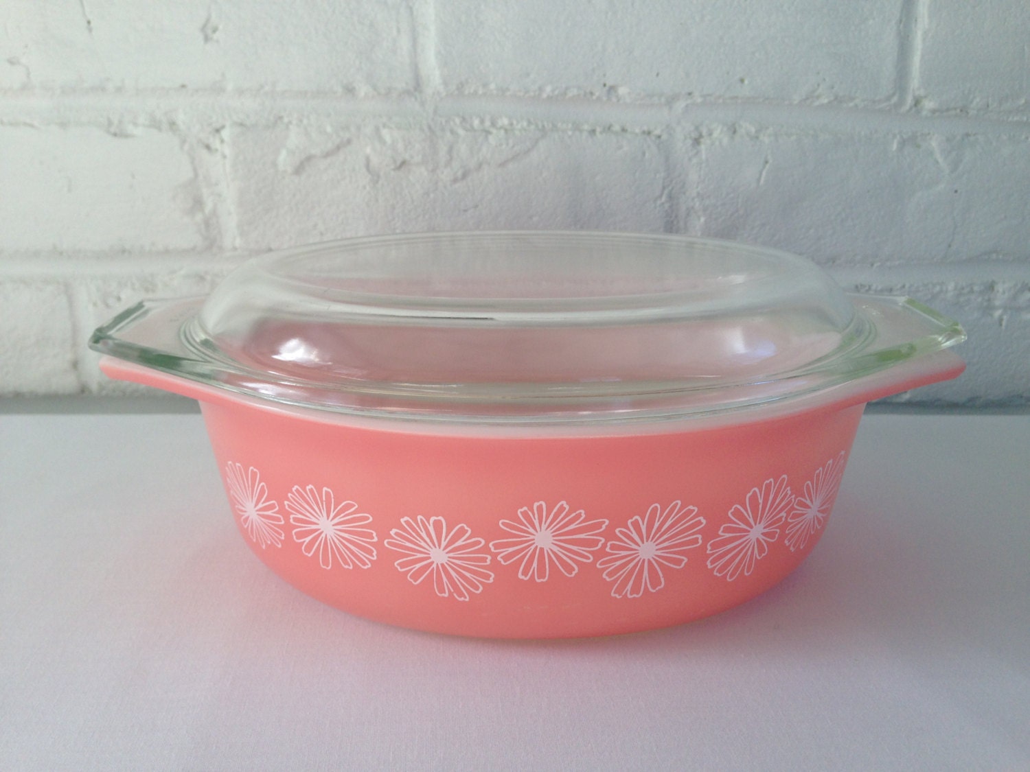 Pyrex Pink Baking Dish with White Daisies by VintageTakes on Etsy