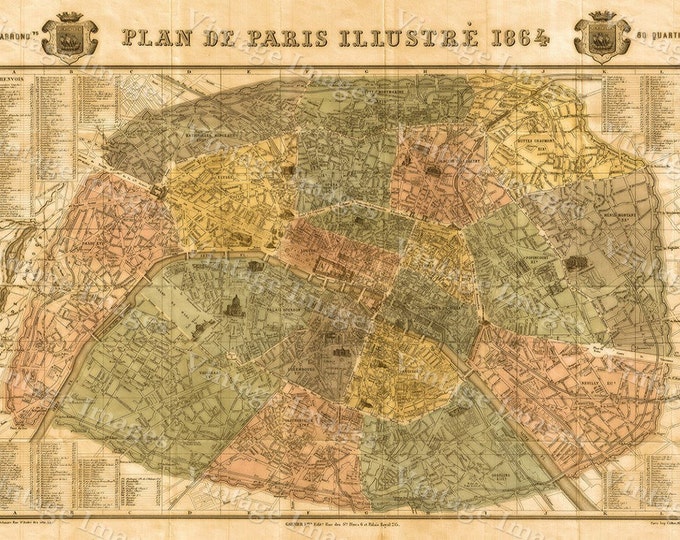 Historic Map of Paris France 1864 Garnier Vintage map Paris Monument Street wall map Fine art print Home Decor up to 42 x 56"