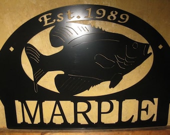 Personalized, metal sign with Crappie fish