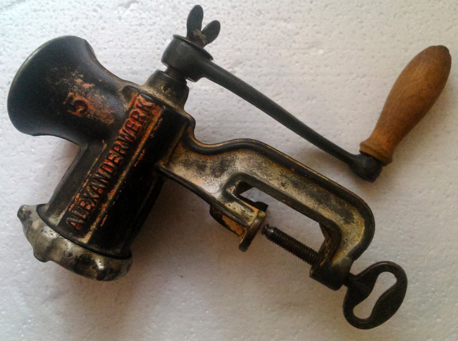 antique German kitchen meat grinder iron cast enameled from