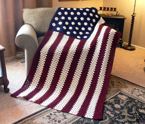 All American Stars and Stripes Crochet Afghan Throw 70 x 41