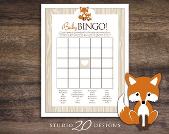 Instant Download Orange Fox Baby Shower Bingo Game, Printable Fox Baby Bingo, Orange Brown Fox Theme Baby Shower Bingo Game 65C