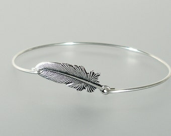 Silver Feather Bangle Bracelet, Silver Bangle Bracelet, Silver Feather Bracelet, Silver Bracelet, Bridesmaid Jewelry, Stack Bangle (147S,)