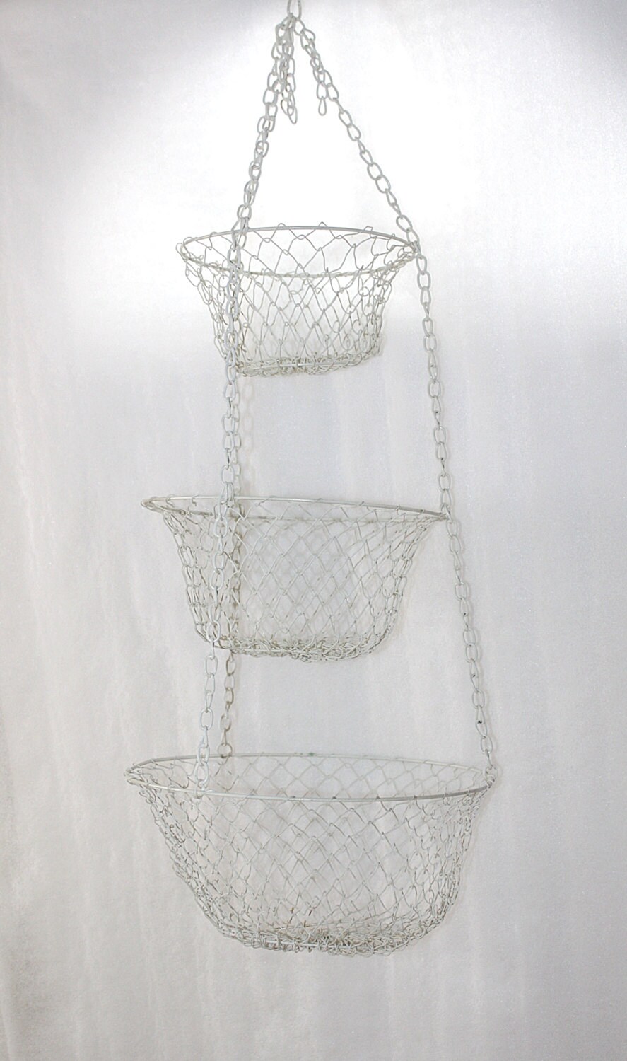 Vintage White Wire Mesh Hanging Basket Great by QUEENIESECLECTIC