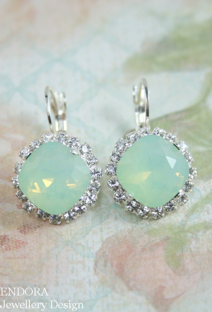 Mint opal earrings Mint green crystal earrings Mint green