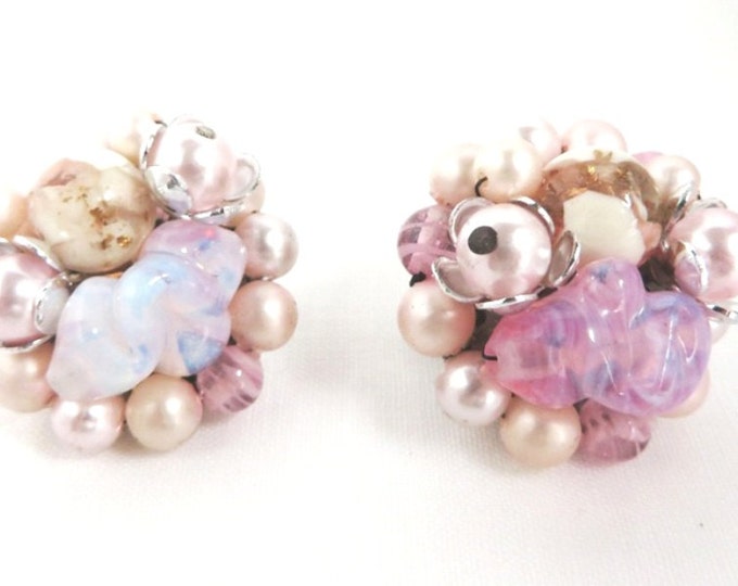Vintage Japan Pink Cluster Earrings, Faux Pearl Bead & Art Glass Clip-ons