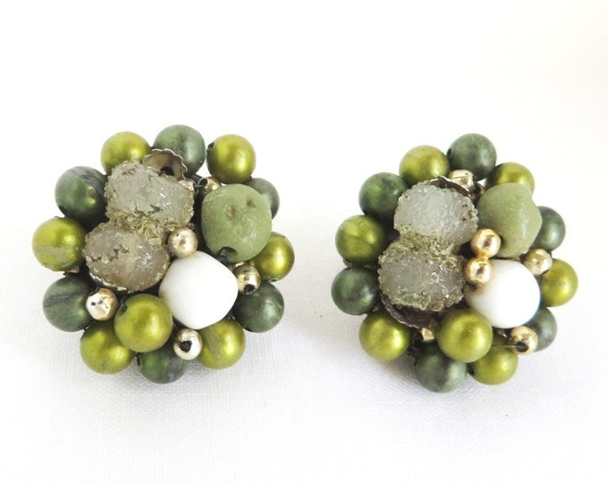 Vintage Japan Green Bead Earrings, Cluster Clip-on Earrings, 1950s Jewelry, Gift for Her
