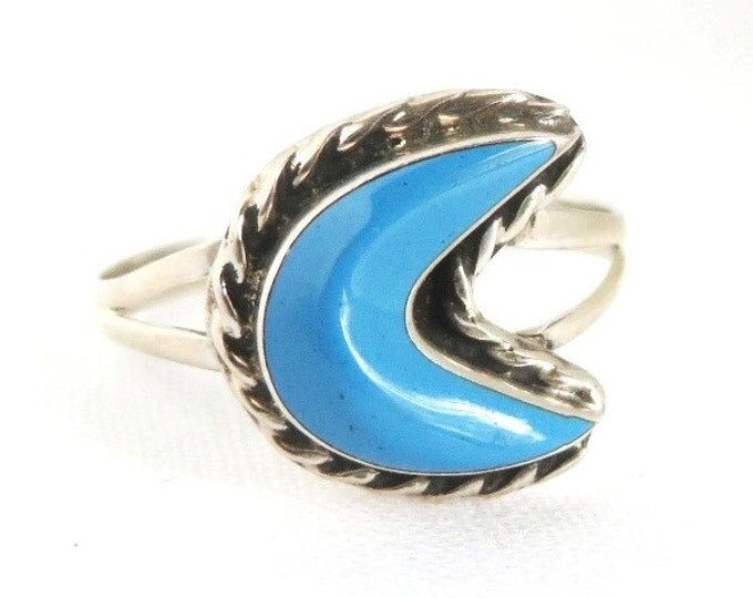 Mexican Turquoise Sterling Silver Ring, Vintage Braided Crescent Ring, Size 7