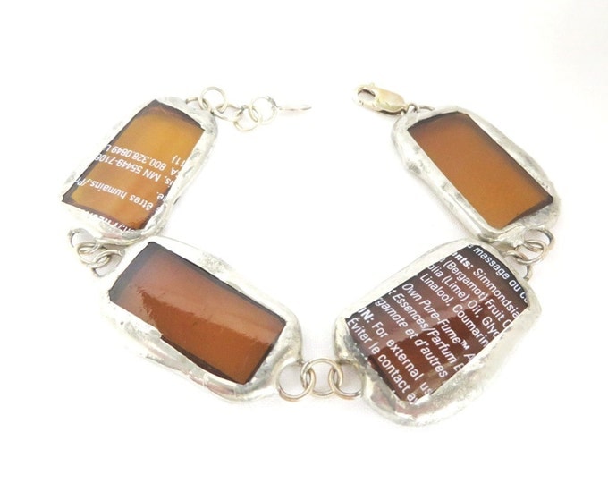 Vntage Amber Glass Links Bracelet, Perfume Bottle Silver Tone Bracelet