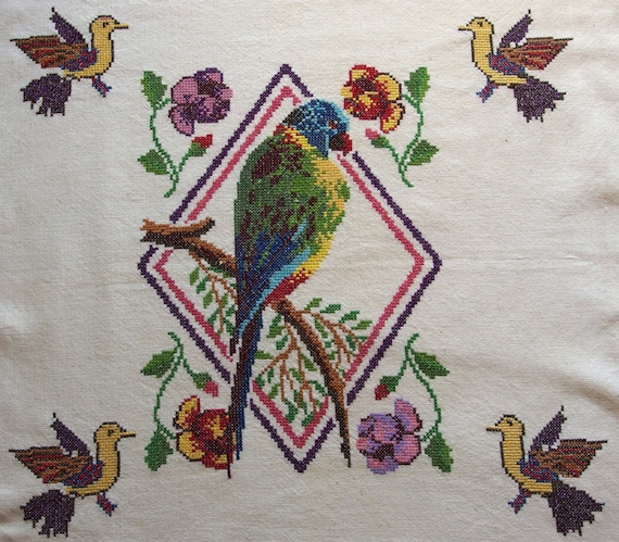 Vintage Embroidered Pillow cover Tablecloth Wall hanging Parrot  Birds Large Square Counted Cross stitch