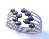 Japanese silver silk black pearl cuff bracelet