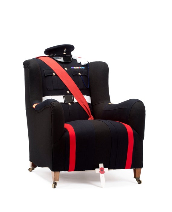 Quirky Original Vintage Royal Signal Corp uniform wrapped armchair.