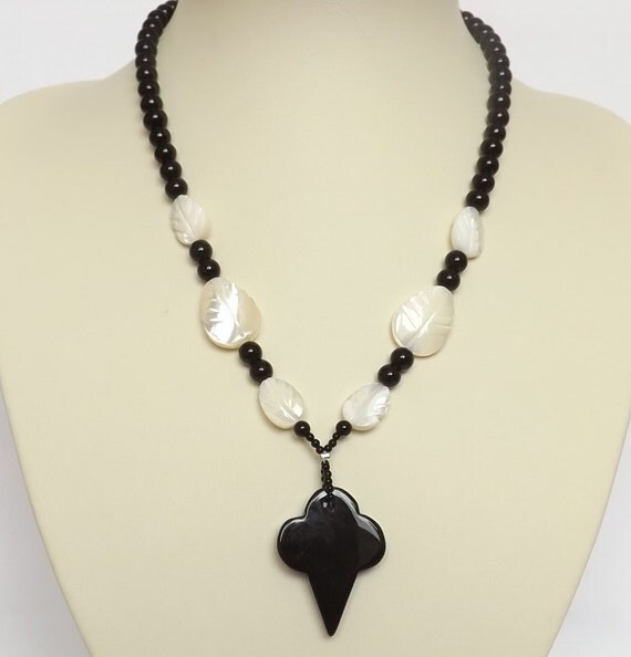 Black Agate Cross Pendant with Mother Of Pearl