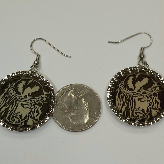 Jesus crown of thorns bottle cap earrings made from vintage magazine images, only set available.