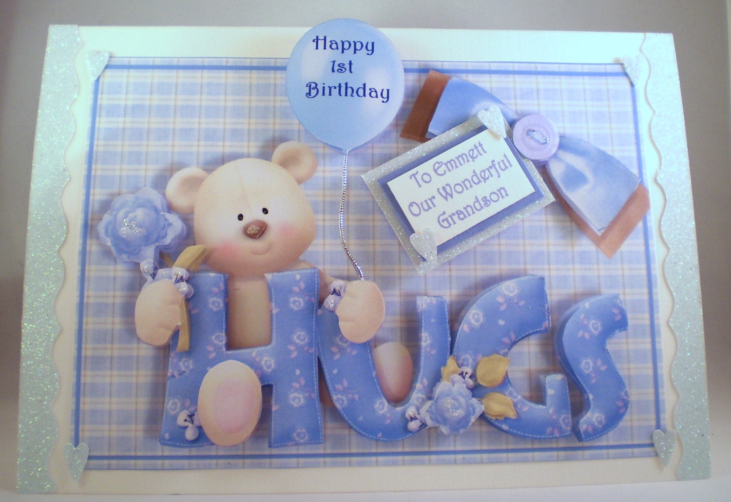 Boys First Birthday Card cute teddy handmadegrandson3D