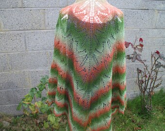 Hand knit triangular lace wool shawl