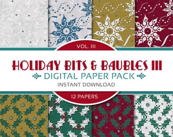 Holiday Bits & Baubles III Digital Papers: Printable Scrapbook, Christmas Scrapbook Papers, Snowflakes, Holly, Red, Green - Instant Download