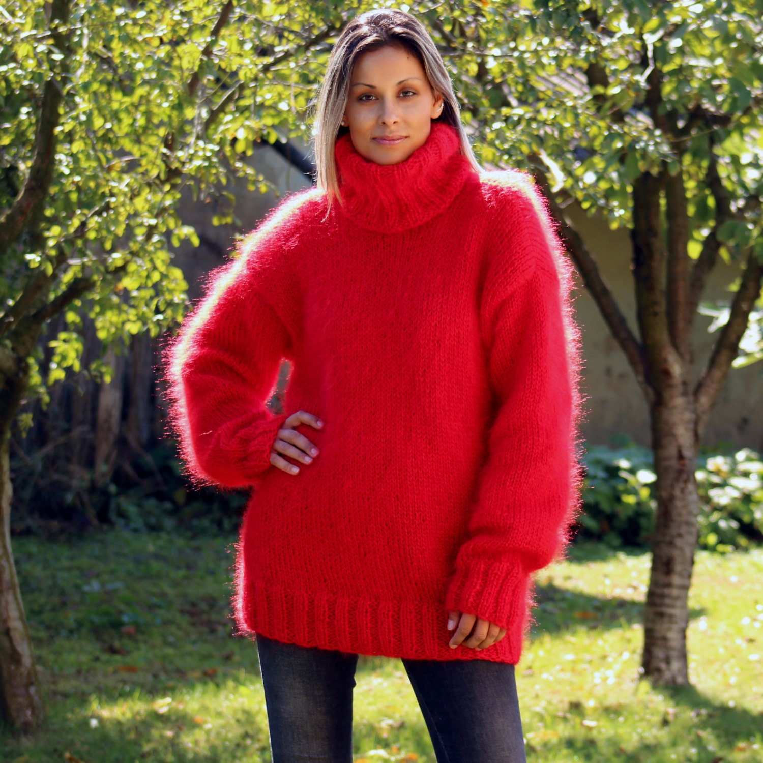Hand Knit Mohair Sweater Burgundy Red Fuzzy Turtleneck Jumper