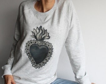 Sacred heart sweatshirt, gray pullover for women, sweater rock, charcoal black, tattoo design tshirt,